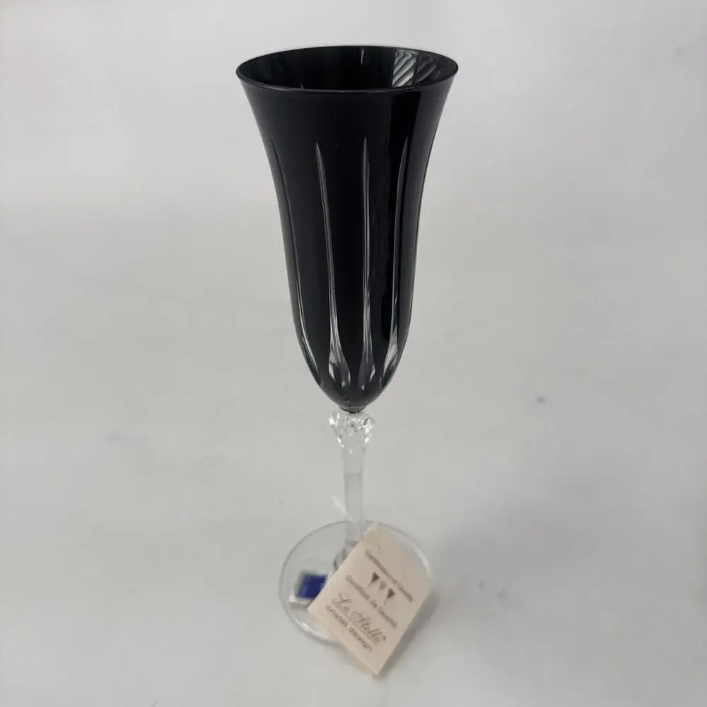 Set of 5 Le Stelle Cristal Design Black Glasses Champagne Flutes Cut to Clear - Picture 4 of 12